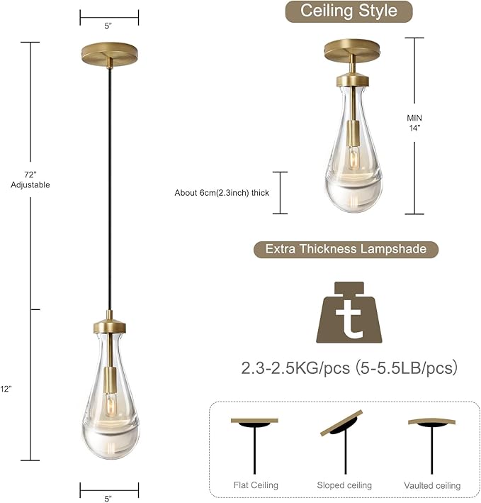 Raindrop Pendant Lights Set of 3, Pendant Lights Kitchen Island 3 Pack, Teardrop Glass Pendant Lights for Bedroom Bathroom, Island Lights, Chandelier for Living Room Hallway, Bulb Included-HomvellaHome