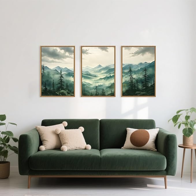 Green Foggy Mountain Framed Canvas Wall Art Set, Misty Forest Wall Decor, Watercolor Pine Tree Wall Painting, Large Nature Landscape Art Print for Living Room, Bedroom, Office - 16"X24"X3-HomvellaHome