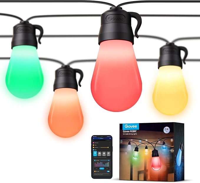 Govee Smart Outdoor String Lights H7029, 24ft RGBIC Outdoor Lights with 8 Dimmable LED Bulbs, IP65 Waterproof, Color Changing Warm White Lights with 47 Scene Modes for Patio, Backyard, App Control-HomvellaHome