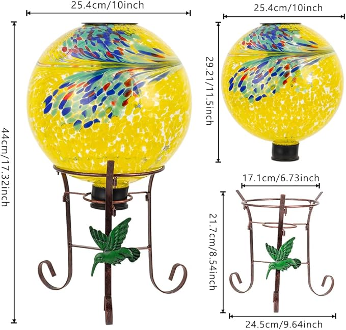10" Diameter Solar Gazing Ball and 8.5" Metal Stand Indoor Outdoor Glass Globe Sphere Yard Art Ornament Solar Gazing Balls for Garden,Lawn,Porch,Patio Gardening Gift for Women(Yellow)-HomvellaHome