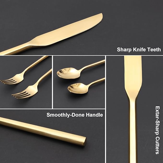 Gold 20 Piece Stainless Steel Silverware Set, Handle Flatware, Modern Mirror Finish Cutlery Set, Service for 4, Dishwasher Safe-HomvellaHome