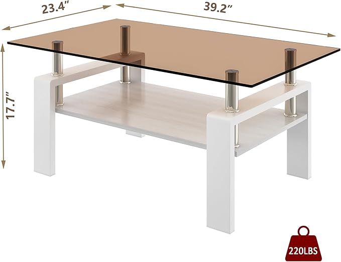Glass Coffee Table Rectangle Living Room Center Table, with Brown Tempered Glass Tabletop and White MDF Layer,for Living Room and Office, Brown+White-HomvellaHome