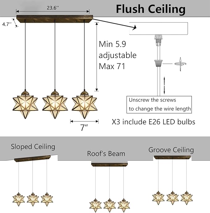 Glass Glam Chandelier 3 Lights Star Pendants Light Fixture for Dining Table Kitchen Island Modern Ceiling Hanging Lights Included LED Warm Light Bulbs Oiled Bronze-HomvellaHome