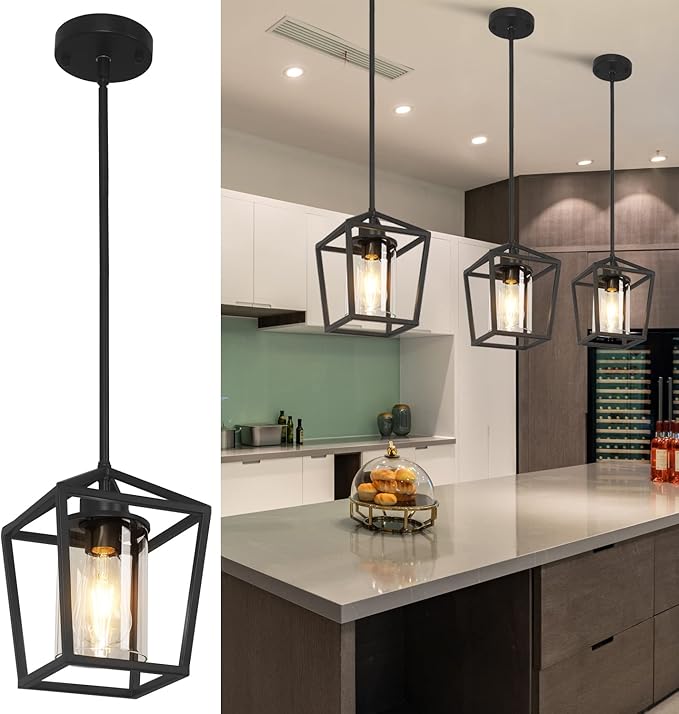 1 Pack Black Pendant Light Fixture Farmhouse Iron Cage Metal Pendant Light Lantern Hanging Light Fixtures with Clear Glass Shade for Kitchen Island, Dining Room, Hallway,Entryway1-HomvellaHome