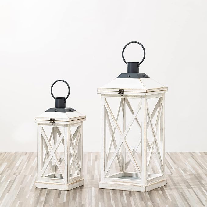 Glitzhome Mondern Farmhouse Wooden Lantern Hanging Decorative Candle Lantern for Outdoor & Indoor Wash White Set of 2 (No Glass)-HomvellaHome
