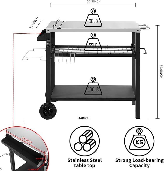 Grill Cart Table with Three Shelf, Movable Outdoor Dining Cart Pizza Oven Stand with Three Hooks, Kitchen Cart Island Multifunction Food Prep Table (Sliver)-HomvellaHome