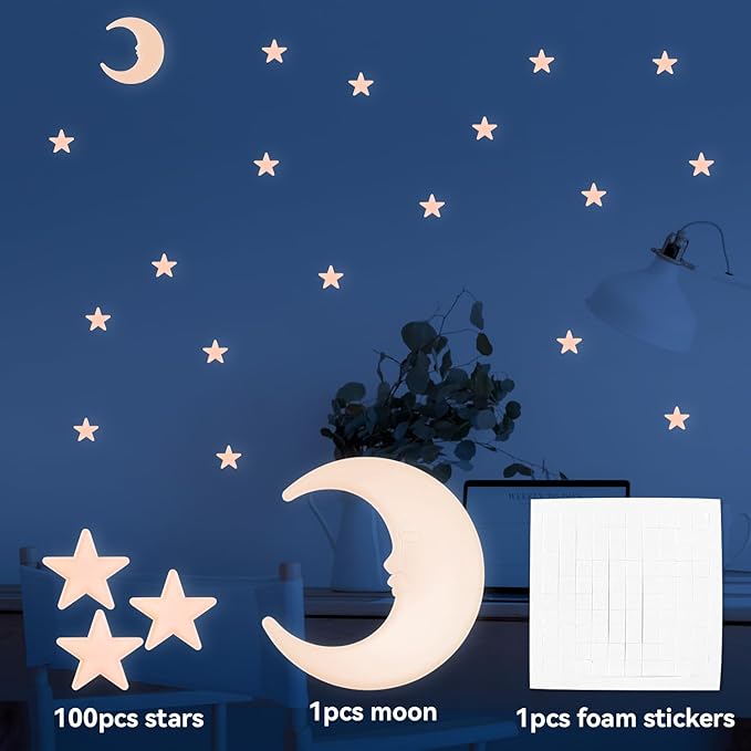 100 Stars and 1 Moon Glow in The Dark Luminous Fluorescent 3D Plastic Glow Stars Moon for Ceiling, Glowing Wall Stickers Create a Realistic Starry Sky, Room Decorations (Pink)-HomvellaHome