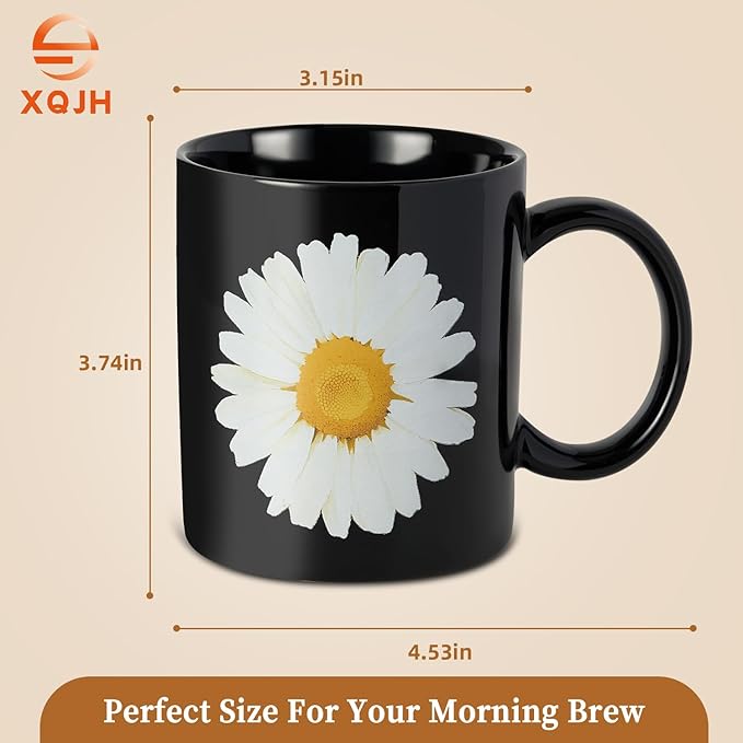 12Oz Daisy Black Ceramic Mug, Mug for Daily Coffee and Tea, Lead-free, Microwave and Dishwasher Safe Coffee Mug, Perfect gifts for women and men-HomvellaHome