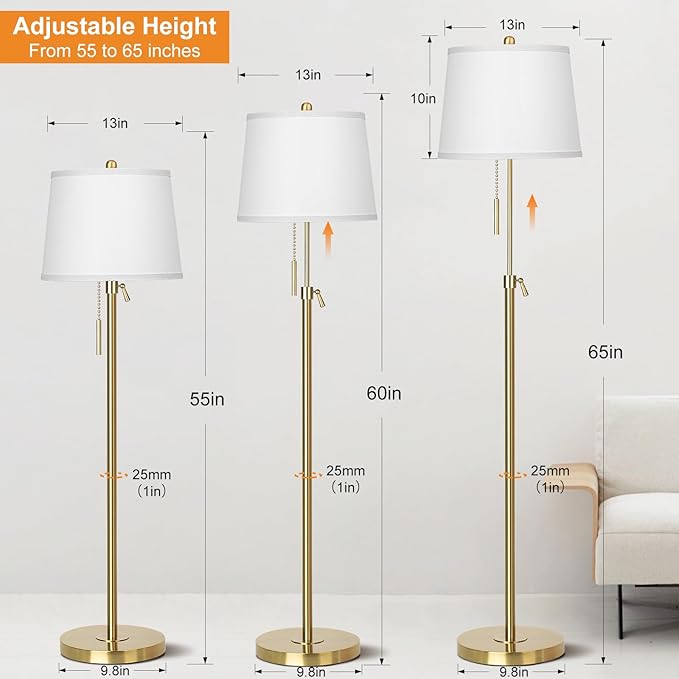 Gold Floor Lamp for Living Room, Tall Standing Lamp 55-65" Adjustable Modern Brass Floor Lamps for Bedroom Reading Office Kids 3 Color Lights Corner Night Stand (9W LED Bulb, White Shade)-HomvellaHome