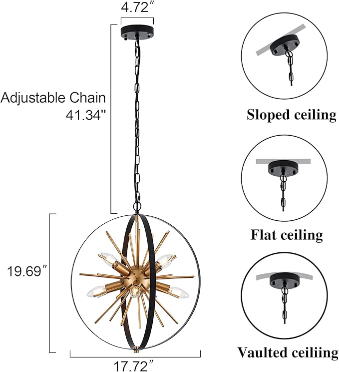 17.72'' Black Gold 8-Light Globe Sputnik Chandelier Modern Industrial Adjustable Hanging Ceiling Firework Pendant Light Fixture for Entryway Stairway Kitchen Dining Living Room Hallway-HomvellaHome