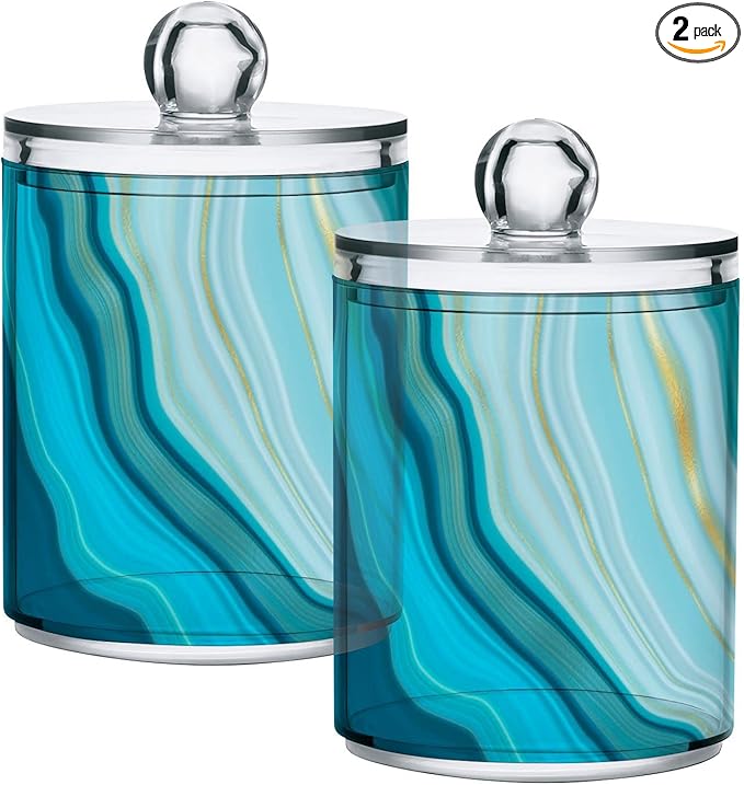 2 Pack Qtip Holder Dispenser Teal Turquoise Blue Marble Bathroom Storage Canister Lid Acrylic Plastic Apothecary Jar Set Vanity Makeup Organizer for Cotton Swab/Ball/Round Pads, Floss-HomvellaHome