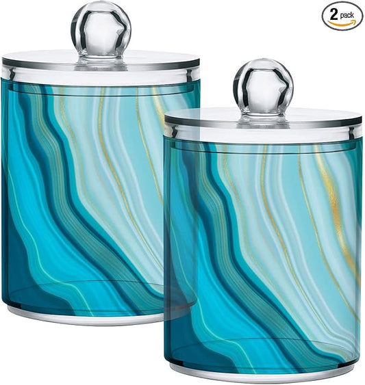2 Pack Qtip Holder Dispenser Teal Turquoise Blue Marble Bathroom Storage Canister Lid Acrylic Plastic Apothecary Jar Set Vanity Makeup Organizer for Cotton Swab/Ball/Round Pads, Floss-HomvellaHome