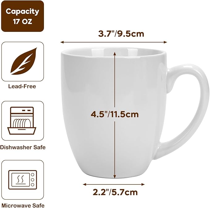 16 OZ White Stoneware Mugs Set of 6, Large Ceramic Coffee Cups with Handle, Porcelain Mugs for Latte, Milk, Tea and Juice-HomvellaHome
