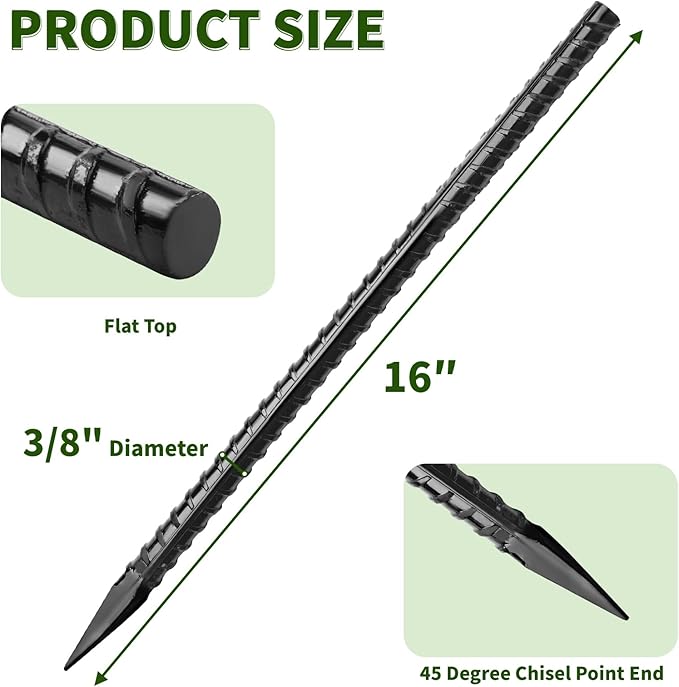 16 inches Ground Rebar Stakes (16 pcs) Heavy Duty Metal Spikes for Concrete Timber Garden Plant, Long Straight Steel Stakes for Tent, 3/8" Thickness Ground Anchors with Chisel Point End, Black-HomvellaHome