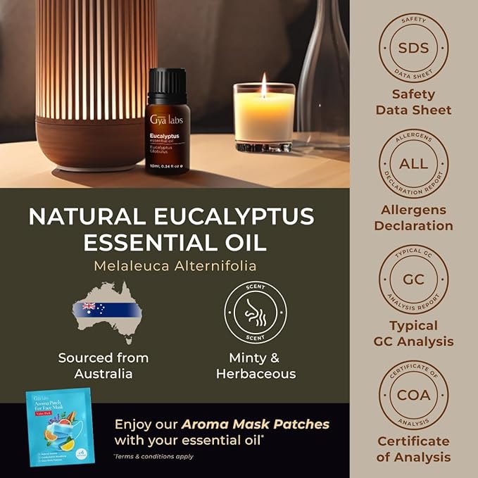 Gya Labs Eucalyptus Essential Oil for Diffuser - 0.34 Fl Oz - 100% Pure Natural Eucalyptus Oil for Skin, Humidifier, Candle Making & Aromatherapy - Fresh, Cooling Scent-HomvellaHome