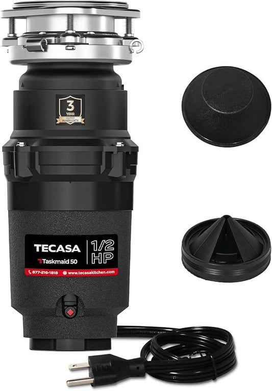 1/2 HP Garbage Disposal, TECASA Food Garbage Disposal with Power Cord, Stainless Steel Grinding System and 3-Bolt Mounting, Continuous Feed Compact Garbage Disposals, UL Certified, Taskmaid Series 50-HomvellaHome