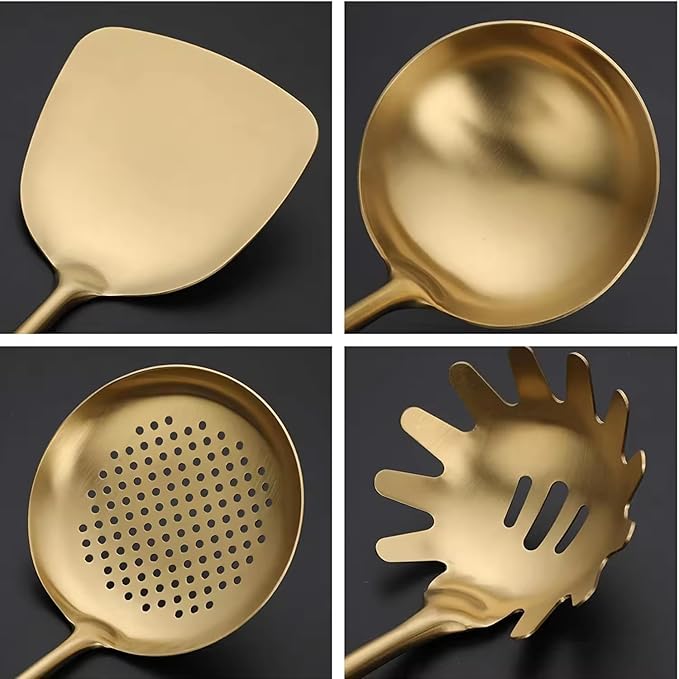 Generic Stainless Steel Kitchen Utensil Set, Spoon, Spatula, Pasta Server, Small Spatula (Black & Gold)-HomvellaHome