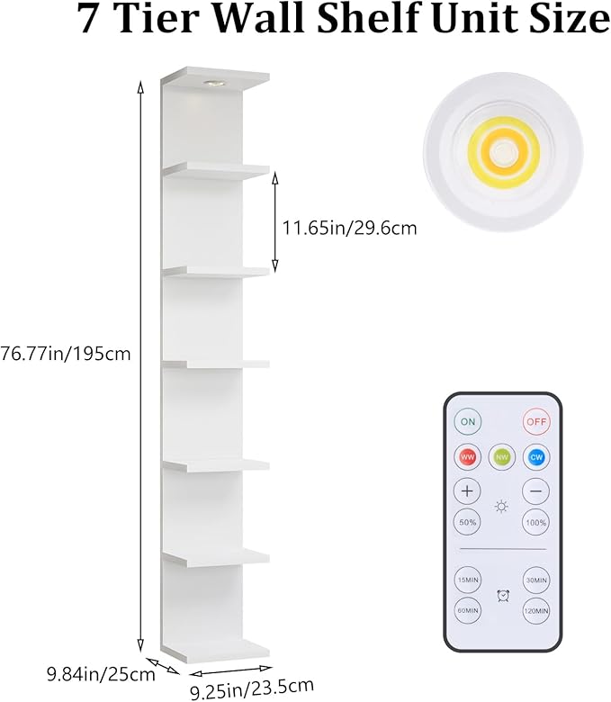 Versatile 7 Tier Shelf Unit 6.4Ft Lack Wall Shelf Unit with LED Floating Wall Shelf Unit Wall Mount Vertical Shelving for Storage Space Saving Organizer for Bedroom Living Room Office Display Decor-HomvellaHome