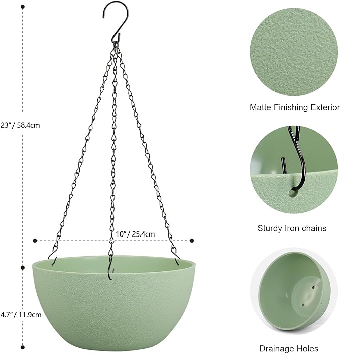 10 inch Hanging Planters Plant Pots for Indoor Outdoor Plants, 2 Pack Hanging Flower Pots with Drainage Holes and Chain for Garden Porch, Plastic Hanging Baskets for House Plants, Green-HomvellaHome