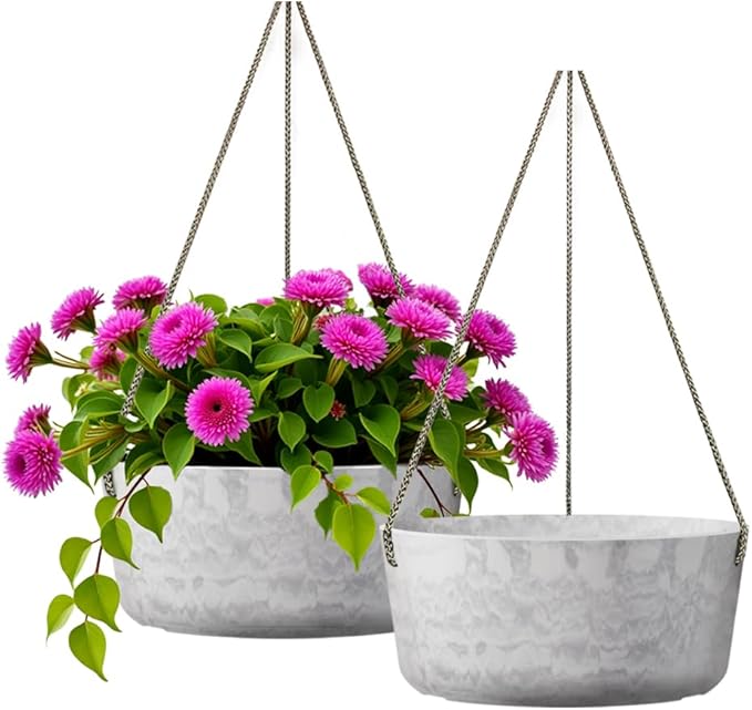 10.7 Inch Hanging Planter for Outdoor Indoor Plants，2 Pack Hanging Flower Pots with Drain Holes for Garden Home Decor Use (Marble)-HomvellaHome
