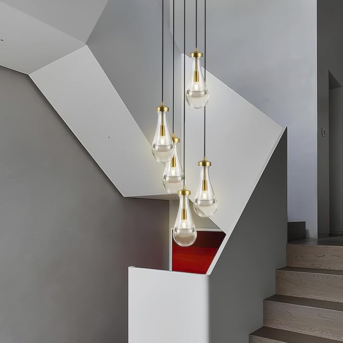 Gold 5 Light Cluster Pendant Lighting, Raindrop Chandeliers Brass Dining Room Lights Fixture, Teardrop Pendant Lights Kitchen Island, Hanging Lamp Ceiling for Entryway Foyer Staircase-HomvellaHome