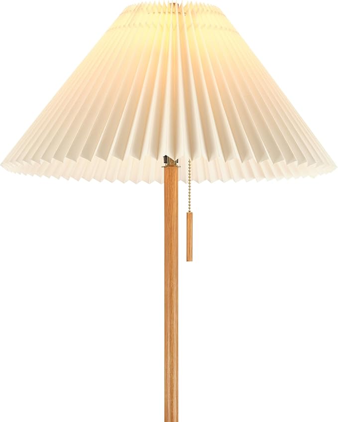 GLOBE Electric 61000053 62" Floor Lamp, Wood-Toned Finish, Pleated Fabric Shade, Pull Chain Switch, Reading Light, E26 Base, Modern Classic Lighting for Living Rooms and Bedrooms-HomvellaHome