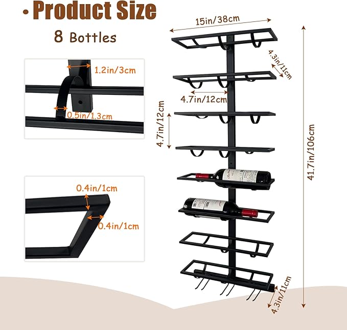 16 Bottle Wall Mount Wine Rack with Wine Glass Holder, Metal Wine Wall Rack, Wall Racks for Wine Bottles Display and Storage, Hanging Bottle Organizer for Living Dining Room Wine Cellar Bar (Black)-HomvellaHome
