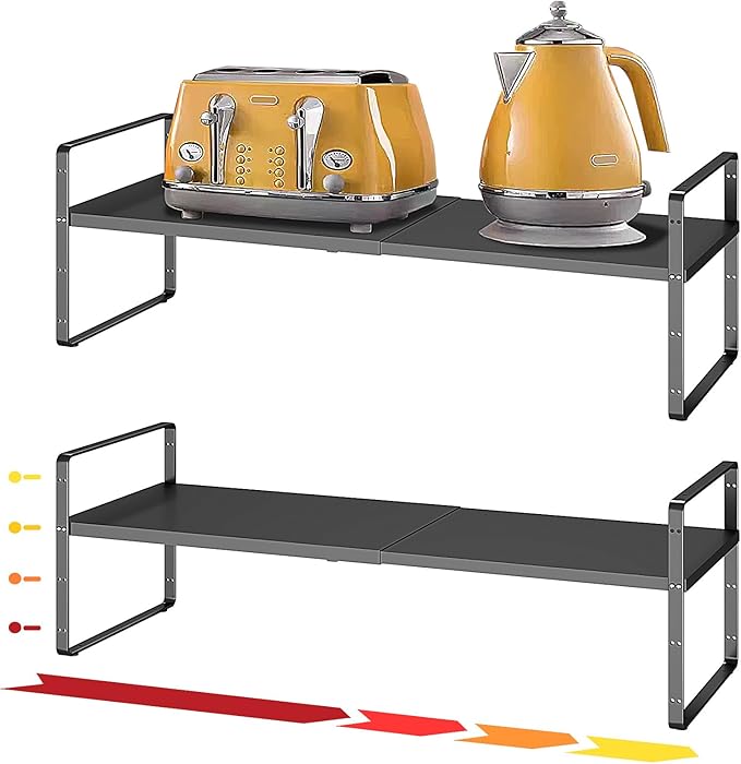 16.5~27.1" Expandable Shelf Organizer, 2Pack 8.1" Wide Stackable Cabinet Shelf Organizers, Black Metal Sturdy Kitchen Counter Storage for Countertop, Adjustable Height Spice Rack-HomvellaHome