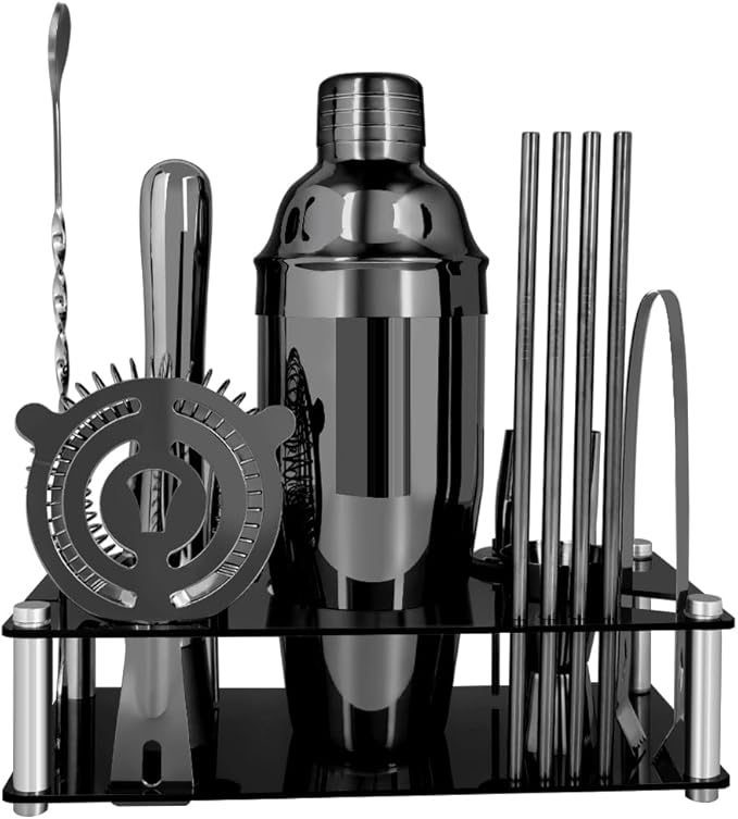 14-Piece Cocktail Shaker Set Bartender Kit with Black Stand, Bar Tool Set for Drink Mixing Bartending Kit Bar Sets Accessories: 750ml(25oz) Shaker, Jigger, Muddler, Cocktail Recipes (Black)-HomvellaHome