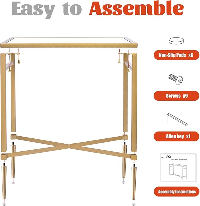 Gold End Table, Rectangle Side Table with Mirrored Top, Modern Metal End Table, Small Narrow Side Table for Living Room, Balcony, 22" L x 12.4" W x 24" D-HomvellaHome