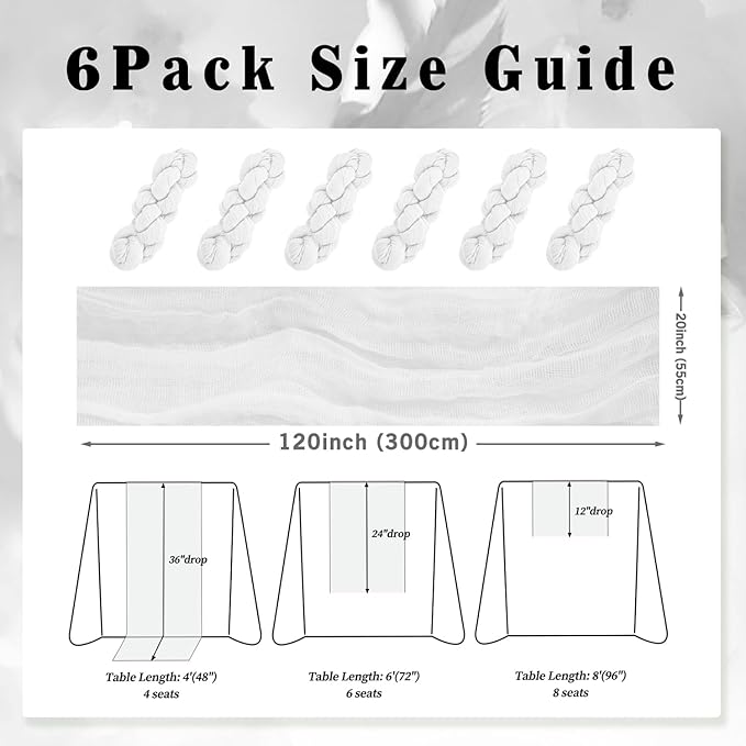 10FT 6 Pack White Cheesecloth Table Runner 20 x 120 Inch Long Rustic Gauze Cheese Cloth Table Runner for Wedding Bridal Baby Shower Table Decorations Boho Fabric Sheer Birthday Party Table Decor-HomvellaHome