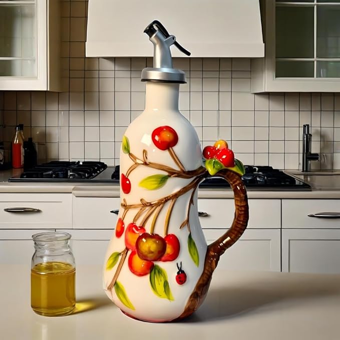 18.26oz/540ml Ceramics Olive Oil Dispenser Bottle,Hand Painted Reliefs Oil Dispenser for Kitchen,Oil Bottles for Kitchen (Cherry)-HomvellaHome