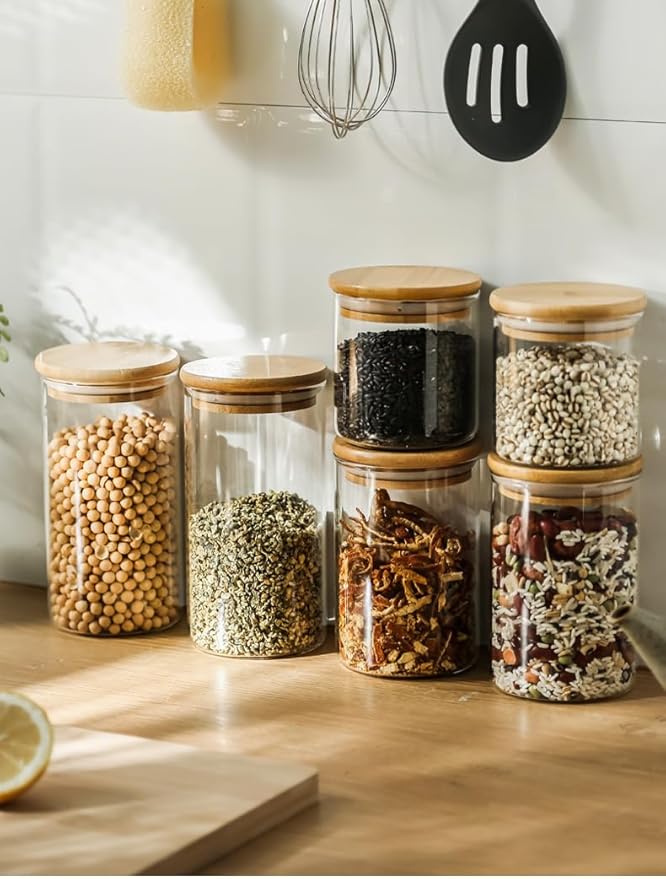 Glass Food Storage Jars, Glass Jars with Bamboo Lids, Kitchen Storage Jars, Canisters with Airtight Lids for Spice, Coffee, Cookie, Set of 5, Pantry Organizers-HomvellaHome