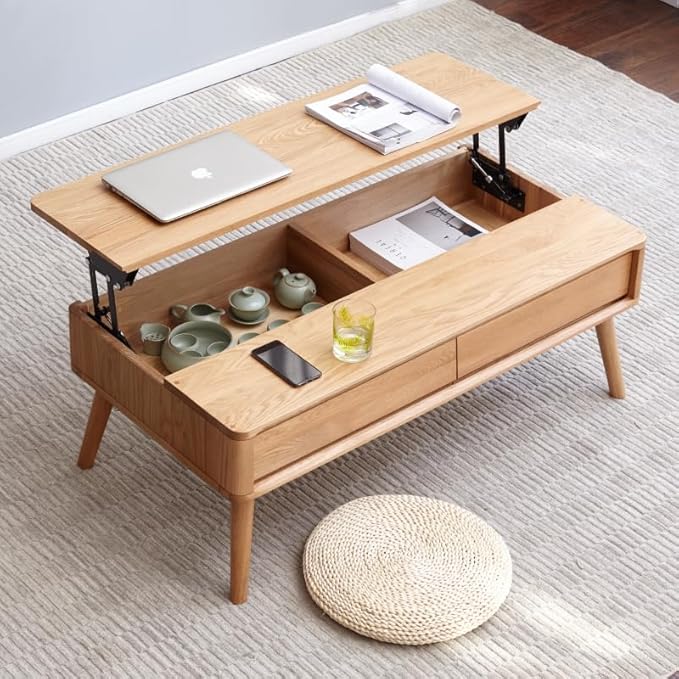 100% Solid Wood Lift Top Coffee Table for Living Room, Mid Century Modern Tables with Drawers and Large Storage, Oak Coffee Tables for Small Spaces (Oak Wood Log, 39.37" W x 21.65" D x 25.59" H)-HomvellaHome