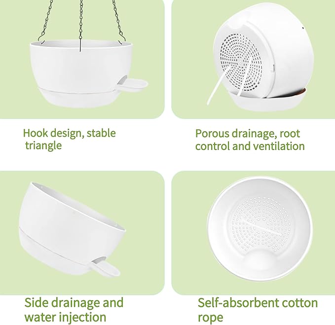 2 Pack Hanging Planters for Indoor Outdoor Plants, 8 Inch Self Watering Hanging Pot with Drainage Holes and Saucer, Plastic Plant Pots, White Flower Pots for Kitchen, Balcony, Garden-HomvellaHome