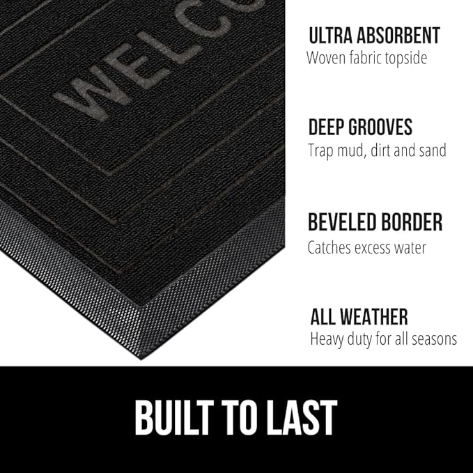 GORILLA GRIP 100% Waterproof All-Season WeatherMax Doormat, 47x35, US Designed Natural Rubber, Stain and Fade Resistant, Low Profile Indoor Outdoor Door Mats, Easy Clean Patio Mat, Black Welcome-HomvellaHome