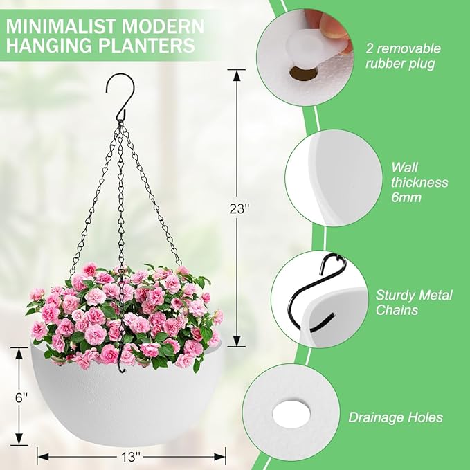 12 inch Hanging Planters for Indoor Plants, 2 Pack Planters for Outdoor Plants with Drainage Holes and Chain, Round Plastic Hanging Baskets, Hanging Flower Pots for Balcony Garden Decor-White-HomvellaHome