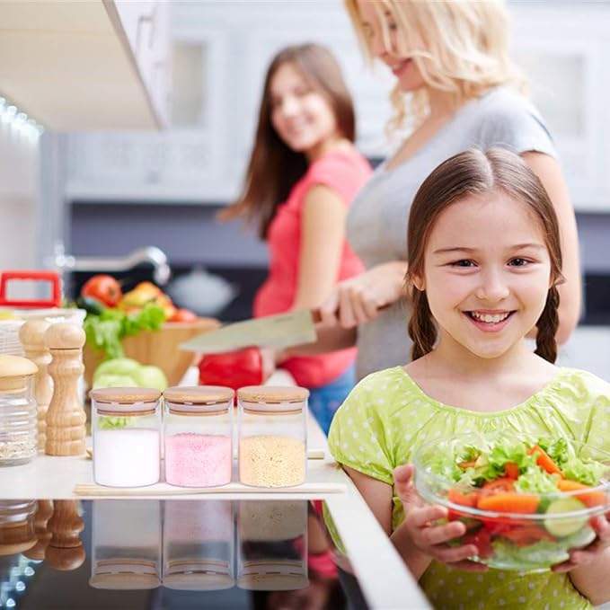 Glass Jars Set,Upgrade Spice Jars with Wood Airtight Lids and Labels, 6oz 12 Piece Small Food Storage Containers for Home Kitchen, Tea, Herbs, Sugar, Salt, Coffee, Flour, Herbs, Grains…-HomvellaHome