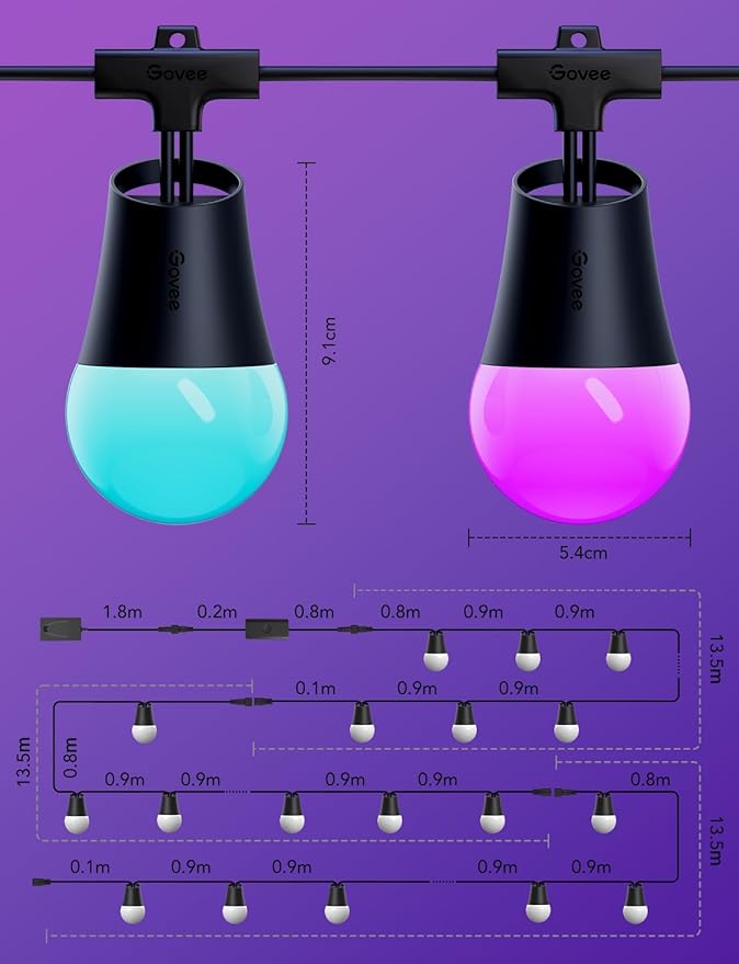 Govee Smart Outdoor String Lights 2, 144ft Outdoor Lights with Dimmable Warm White LED Bulbs, 47 Scene Modes for Patio, Backyard, Balcony, IP65 Waterproof, Works with Alexa, App Control-HomvellaHome