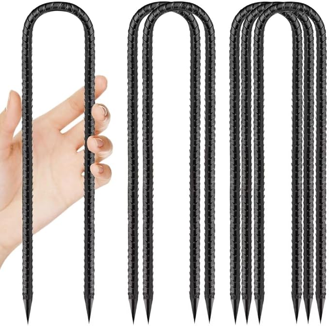 Ground-Stakes-Heavy-Duty-12 inch, U-Hook Rebar Stakes Black Coated Anti-Rust 6pcs Garden Stakes Metal Ground Anchors for Garden Dog Fence Chicken Coop Christmas Decorations Deer Fence-HomvellaHome