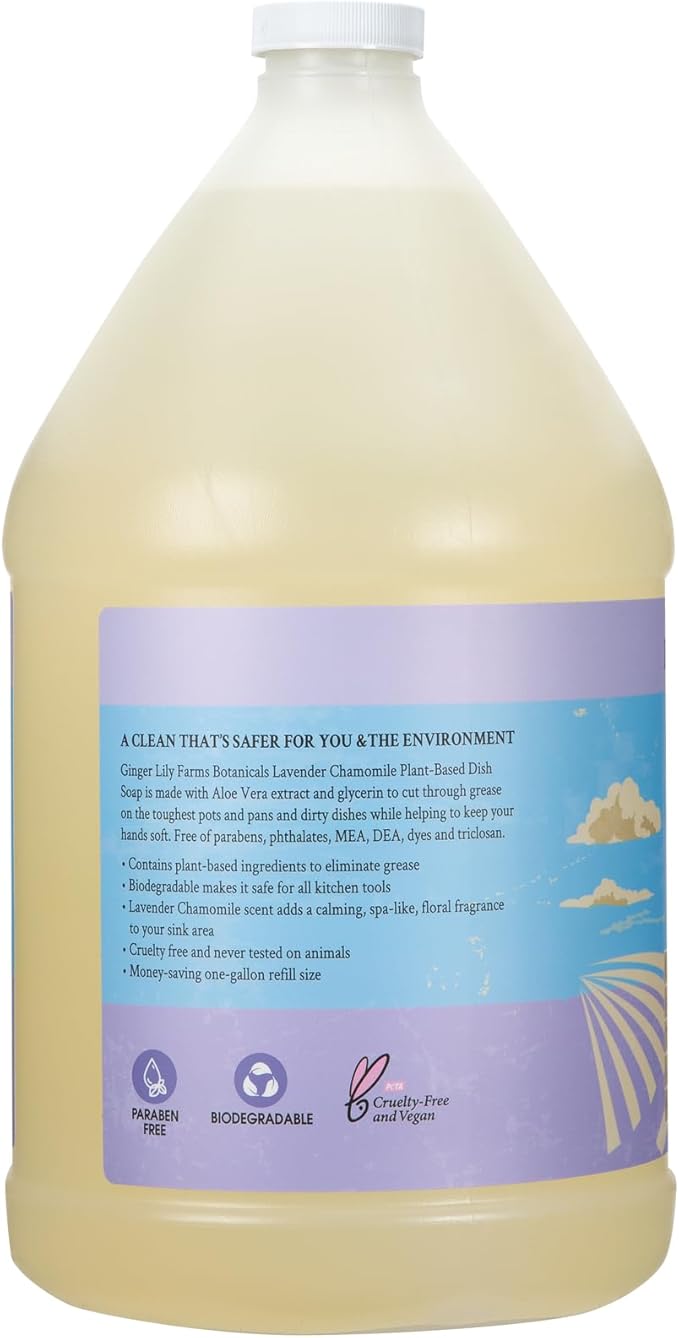 Ginger Lily Farms Botanicals Plant-Based Liquid Dish Soap, Concentrated Formula with Max Grease Cleaning Power, Cruelty-Free, Lavender Chamomile Scent, 1 Gallon Refill (128 Fl. Oz.)-HomvellaHome