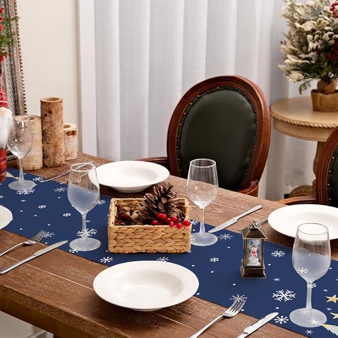 GEEORY Christmas Table Runner 13x90 Inch, Xmas Trees Snowflakes Holiday Decorative Farmhouse Table Decoration for Kitchen Dinning, Indoor Outdoor Dinner Party Decor (Blue) GT151-90-HomvellaHome
