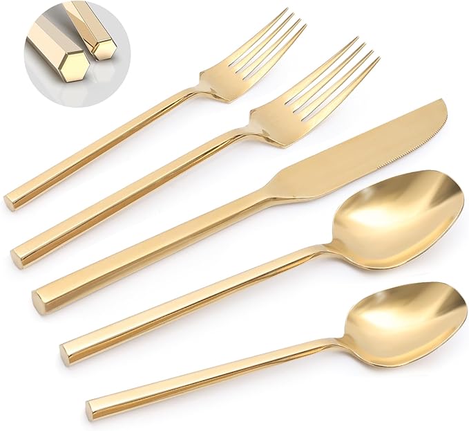 Gold 20 Piece Stainless Steel Silverware Set, Handle Flatware, Modern Mirror Finish Cutlery Set, Service for 4, Dishwasher Safe-HomvellaHome