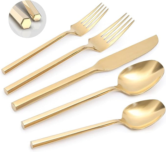 Gold 20 Piece Stainless Steel Silverware Set, Handle Flatware, Modern Mirror Finish Cutlery Set, Service for 4, Dishwasher Safe-HomvellaHome