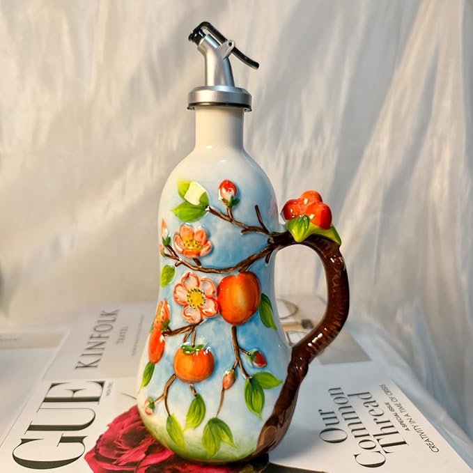 18 Oz Hand Painted Relief Ceramic Olive Oil Bottle Dispenser for Kitchen, Oil and Vinegar Bottle, Seasoning Bottle with Stainless Steel Nozzle, 540mL Oil Container with Handle for Cooking, Light Proof-HomvellaHome