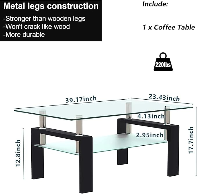 Glass Coffee Table for Living Room, 2 Layer Center Table with Clear Rectangle Tempered Glass Top Black Metal Leg, Mordern Home Office Furniture-HomvellaHome