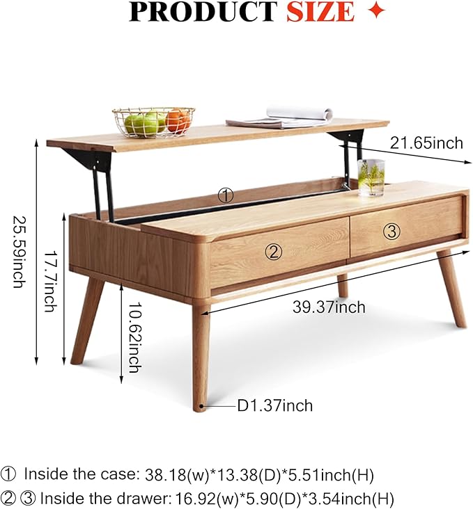 100% Solid Wood Lift Top Coffee Table for Living Room, Mid Century Modern Tables with Drawers and Large Storage, Oak Coffee Tables for Small Spaces (Oak Wood Log, 39.37" W x 21.65" D x 25.59" H)-HomvellaHome