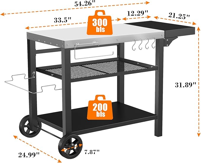 Grill Cart, Outdoor Grill Table, Pizza Oven Stand, Three-Shelf BBQ Table, Movable Dining Cart with Drawer, Fits for Ninja Woodfire Grill, Blackstone Griddle,Tabletop Grill-HomvellaHome