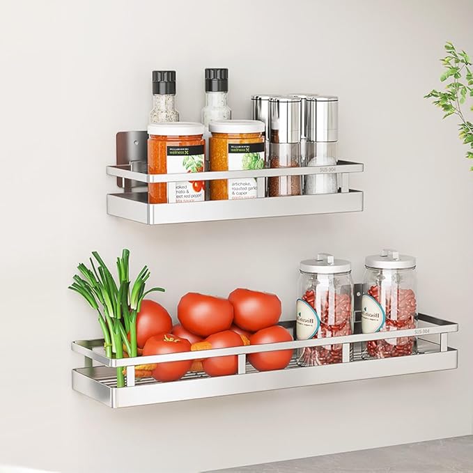 19.69Inch Spice Rack Organizer, SUS304 Stainless Steel Wall Mount Spice Rack Storage Basket, Kitchen Racks, Nail-Free Installation-HomvellaHome