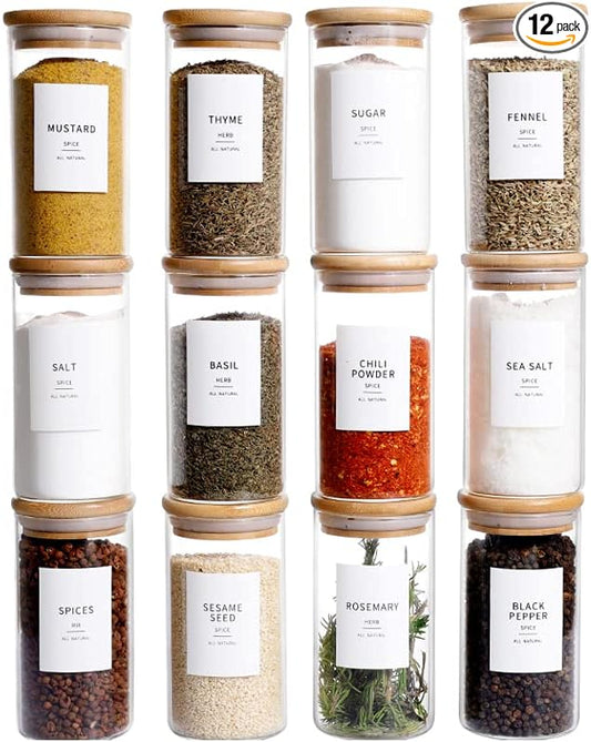 12 Pcs Glass Spice Jars With Bamboo Airtight Lids, 10oz Thicken(2.4mm) Spice Containers With 148 Minimalist Preprinted Waterproof Spice Labels, Kitchen Empty Small Storage Jars For Seasoning, Herb-HomvellaHome